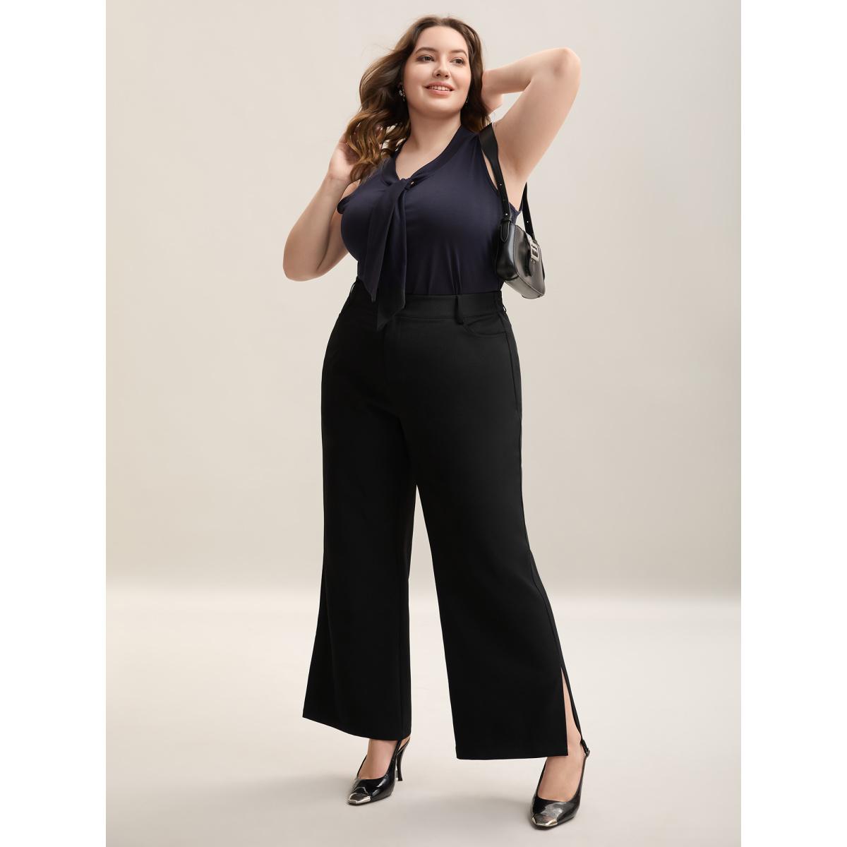 Plus Size Side Slit Plain Bootcut Pants Women Black Workwear Essentials Bodycon Mid Rise Office Pants BloomChic 10/M Product Image