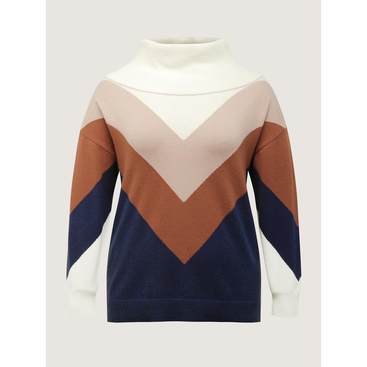 Plus Size Color Block Cowl Neck Knit Pullover Indigo Women Leisure Loose Long Sleeve Turtleneck Casual Pullovers BloomChic 12/L Product Image