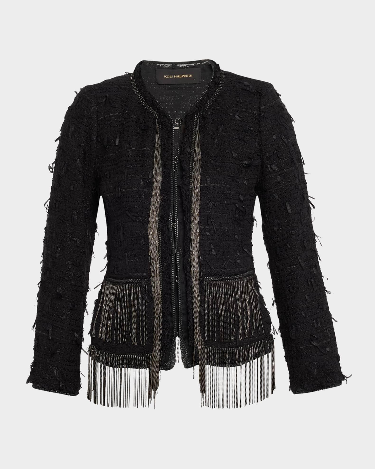 Leyla Chain-Trim Fringe Tweed Jacket Product Image