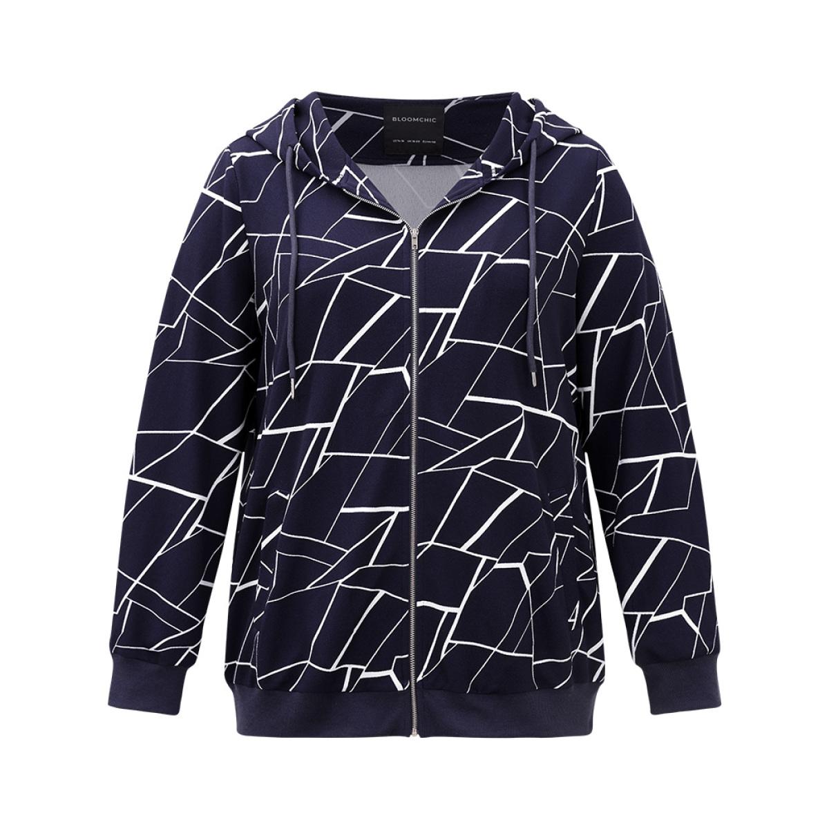 Plus Size Geometric Zipper Hooded Drawstring Sweatshirt Women Midnight Casual Printed Hooded Dailywear Sweatshirts BloomChic 28/5X Product Image