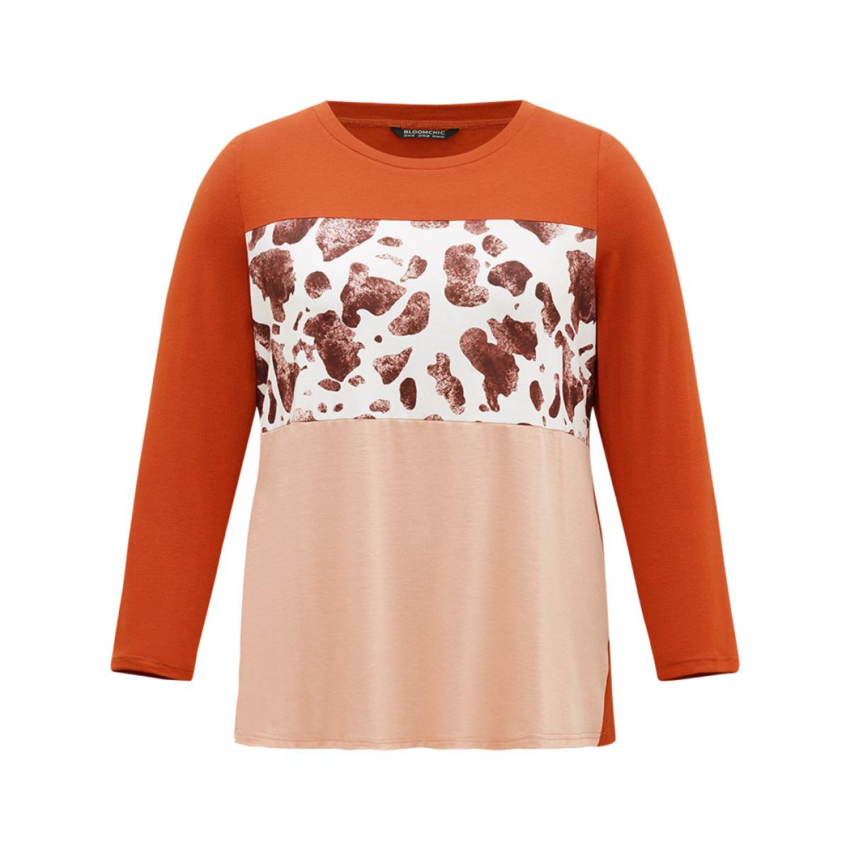 Plus Size Halloween Cow Pattern Contrast Patchwork T-shirt Chocolate Women Casual Patchwork Colorblock Round Neck Dailywear T-shirts BloomChic 14-16/1X Product Image