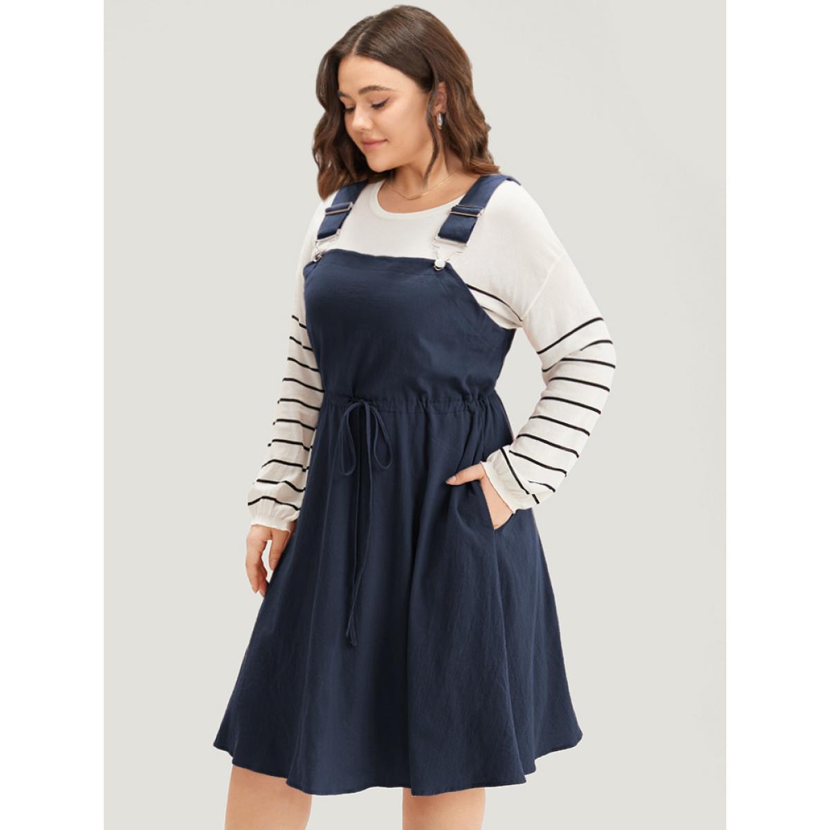 Plus Size Plain Drawstring Pocket Metal Detail Suspender Skirt Indigo Women Casual Adjustable Straps Spaghetti Strap Sleeveless Curvy Midi Dress BloomChic 18-20/2X Product Image