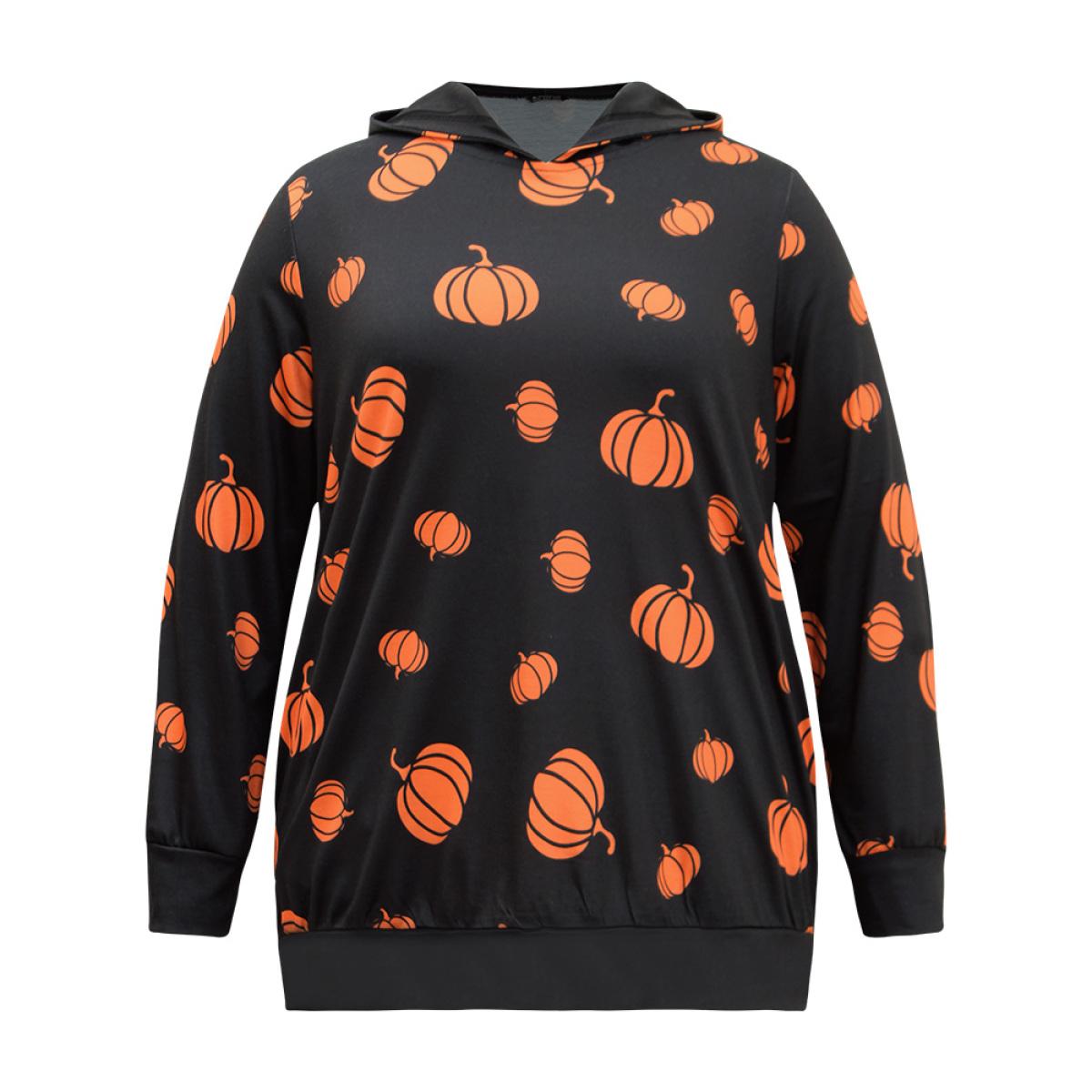 Plus Size Pumpkin Print Hooded Sweatshirt Women Black Casual Elastic cuffs Hooded Festival-Halloween Sweatshirts BloomChic 10/M Product Image