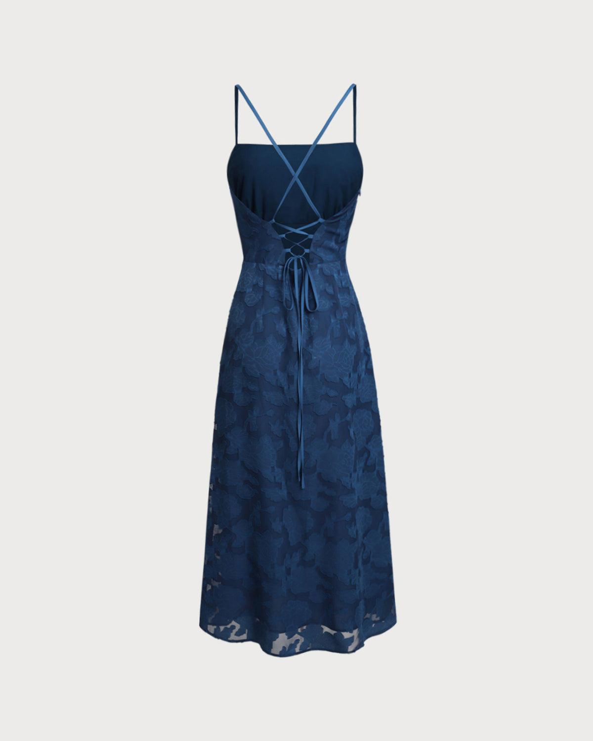 Navy Jacquard Slip Backless Maxi Dress Product Image