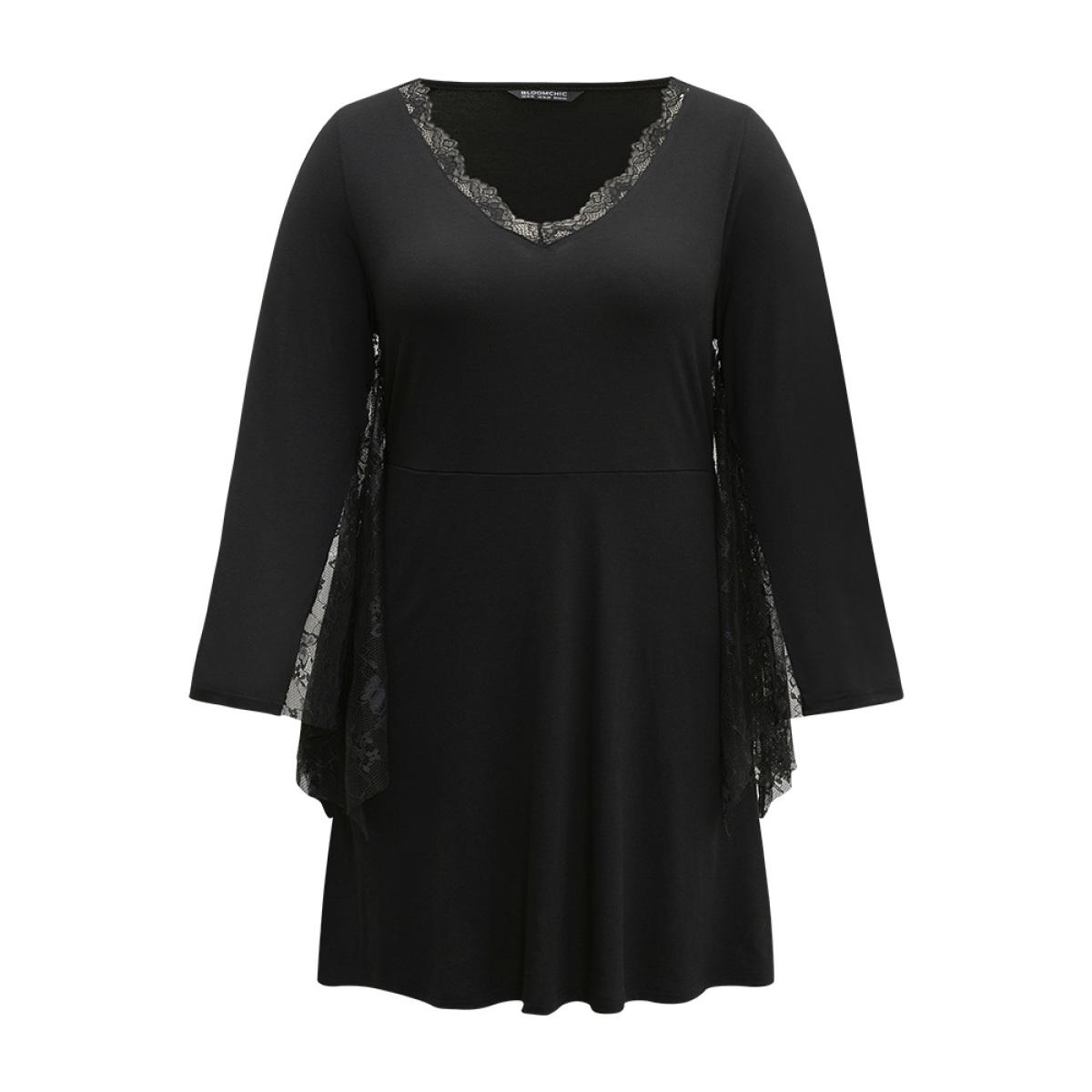 Plus Size Halloween Plain Contrast Lace Flutter Hem Dress DarkGreen Women Casual See through V-neck Long Sleeve Curvy Knee Dress BloomChic 26/4X Product Image