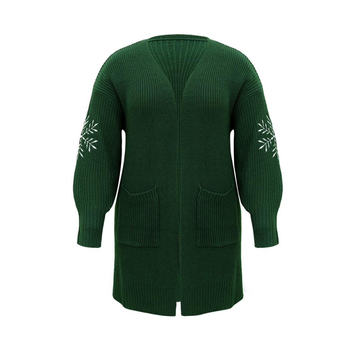 Plus Size Snowflake Embroidered Patched Pocket Cardigan DarkGreen Women Casual Loose Long Sleeve Festival-Christmas Cardigans BloomChic 22-24/3X Product Image