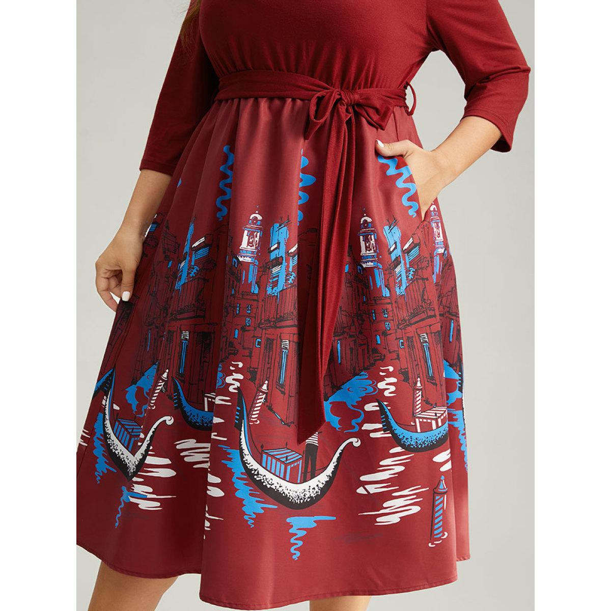 Plus Size Boho Print Patchwork Belted Gathered Dress Scarlet Women Office Printed Round Neck Elbow-length sleeve Curvy Midi Dress BloomChic 12/L Product Image