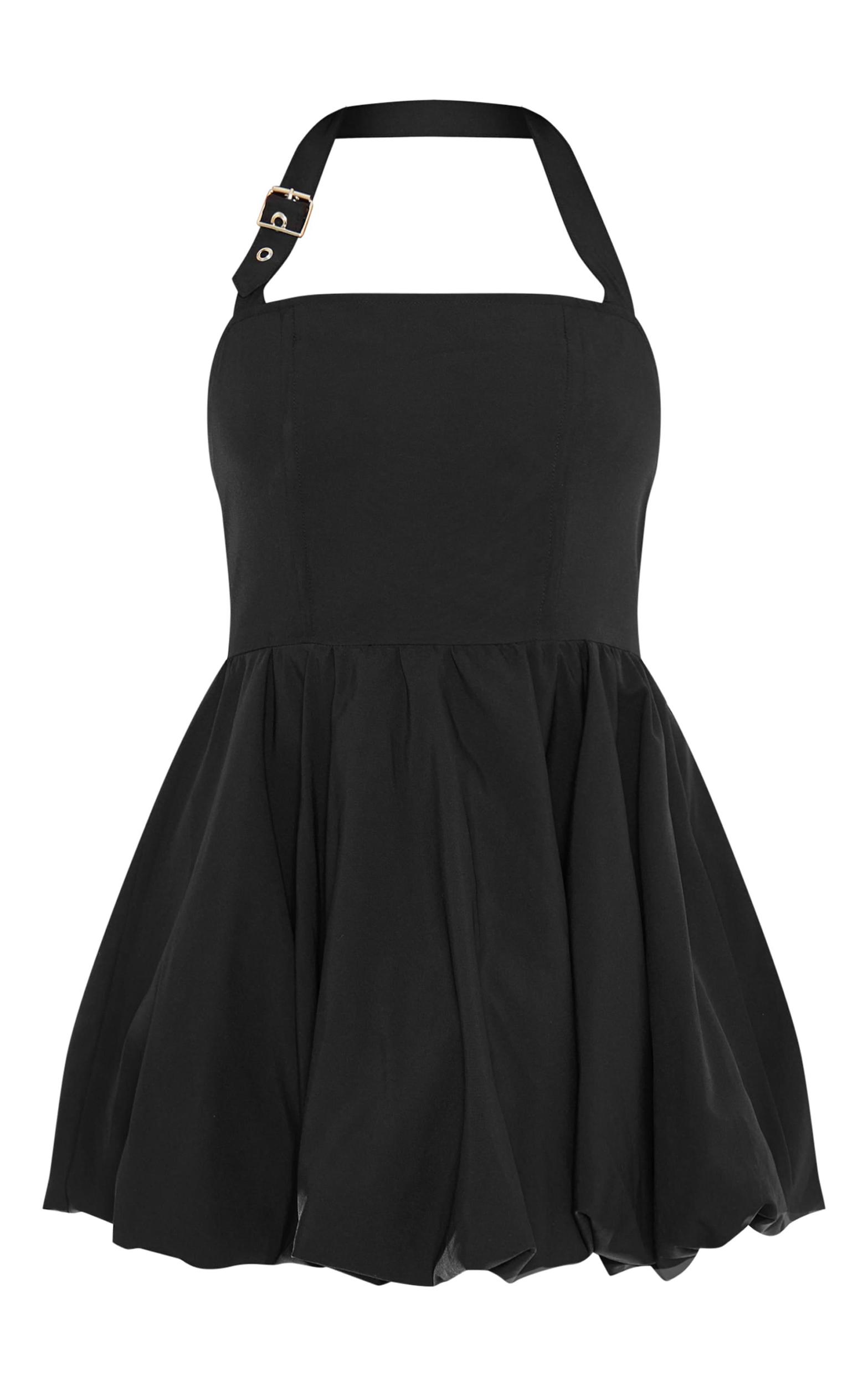 Black Buckle Detail Halterneck Puffball Mini Dress Product Image