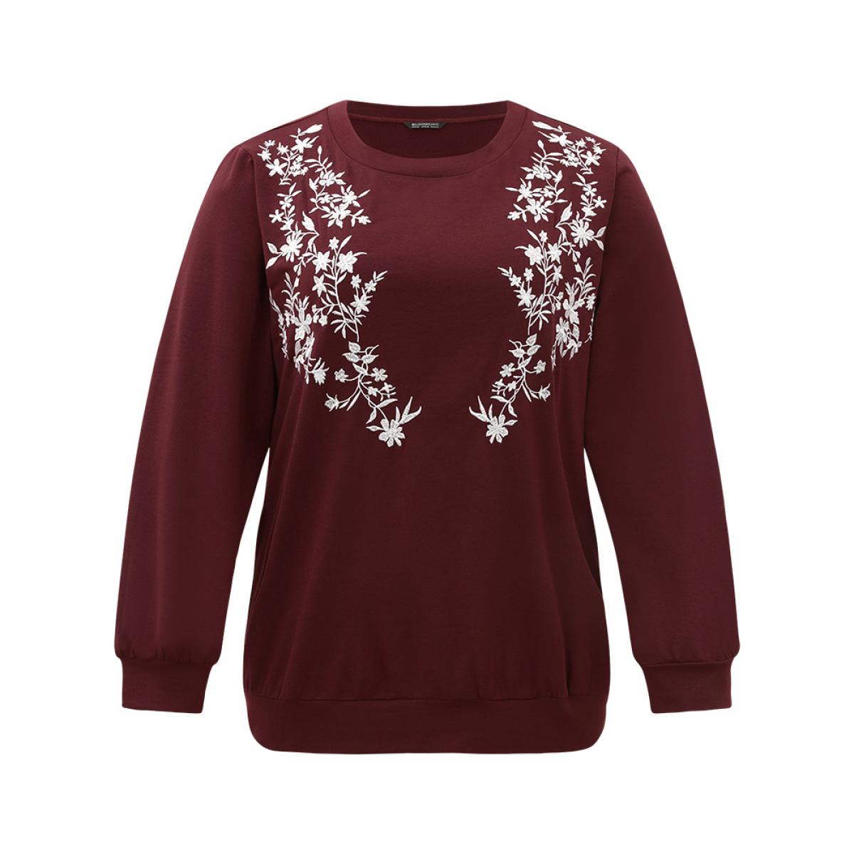 Plus Size Silhouette Floral Print Embroidered Crew Neck Sweatshirt Women Burgundy Casual Elastic cuffs Round Neck Dailywear Sweatshirts BloomChic 12/L Product Image