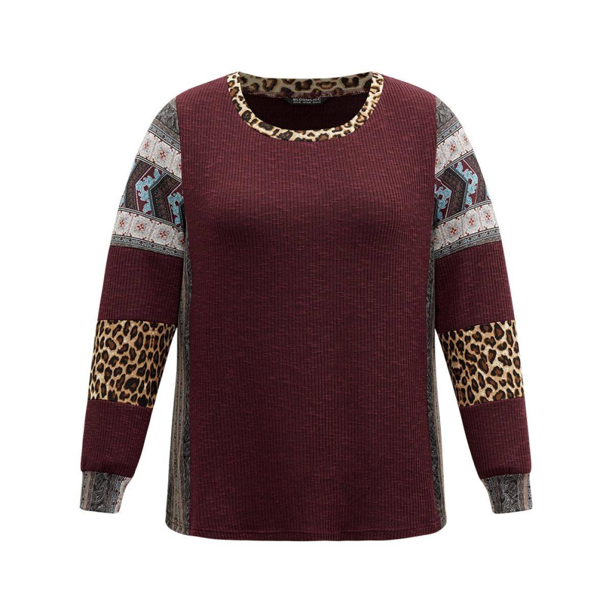 Plus Size Leopard Boho Print Round Neck Contrast Sweatshirt Women Burgundy Elegant Texture Round Neck Dailywear Sweatshirts BloomChic 14-16/1X Product Image