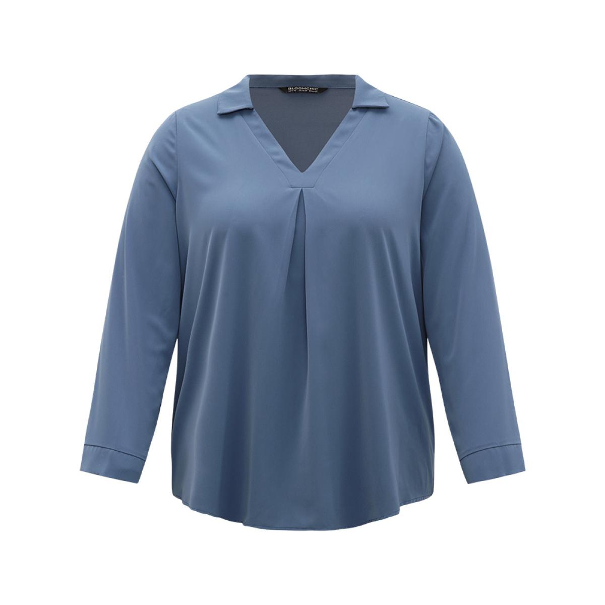 Plus Size Stone Anti-Wrinkle Plain V Neck Plicated Detail Blouse Women Office Long Sleeve V-neck Work Blouses BloomChic 26/4X Product Image