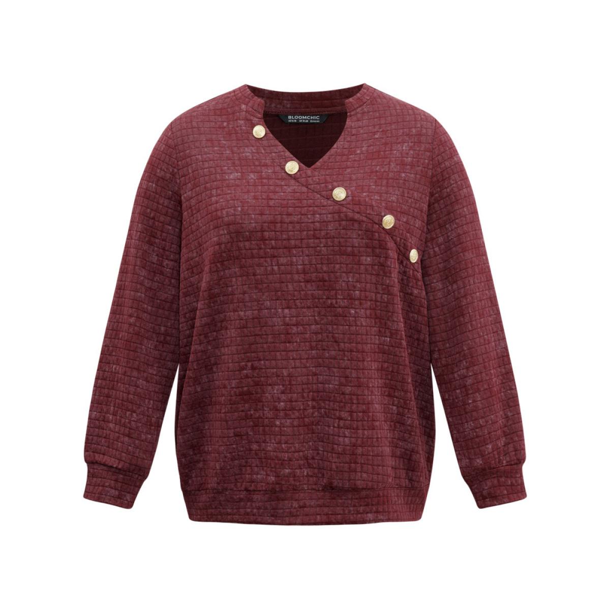 Plus Size Plain Textured Notched Button Detail Sweatshirt Women Burgundy Casual Texture Notched collar Dailywear Sweatshirts BloomChic 18-20/2X Product Image
