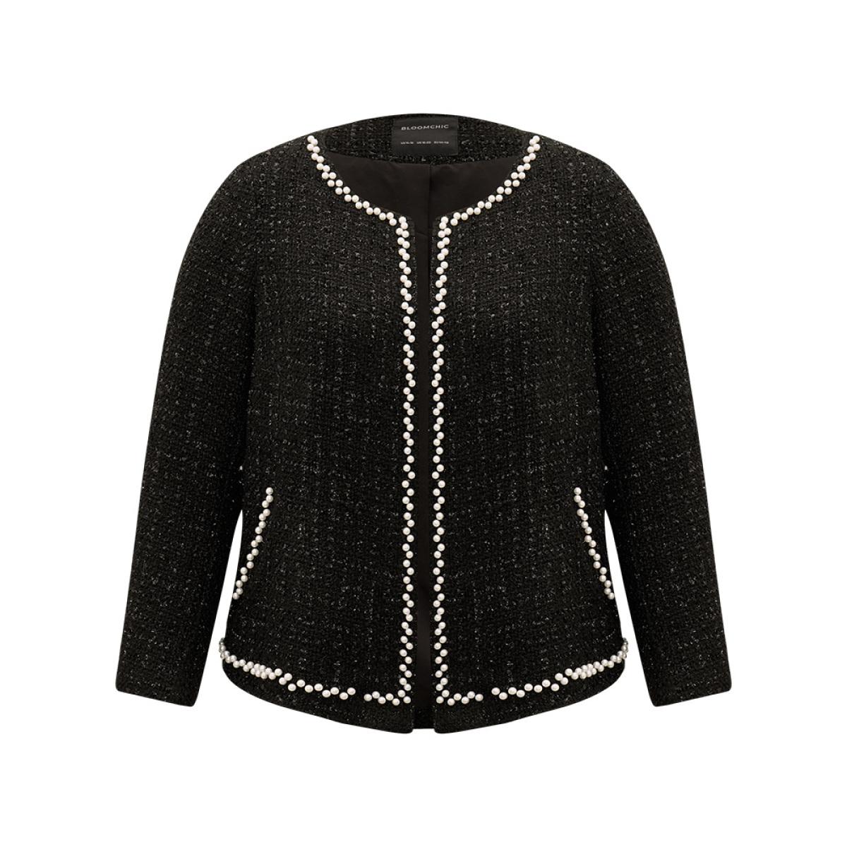 Plus Size Pearl Tweed Beaded Texture Pocket Blazer Women Black Elegant Texture Ladies Dailywear Winter Coats BloomChic 30/6X Product Image