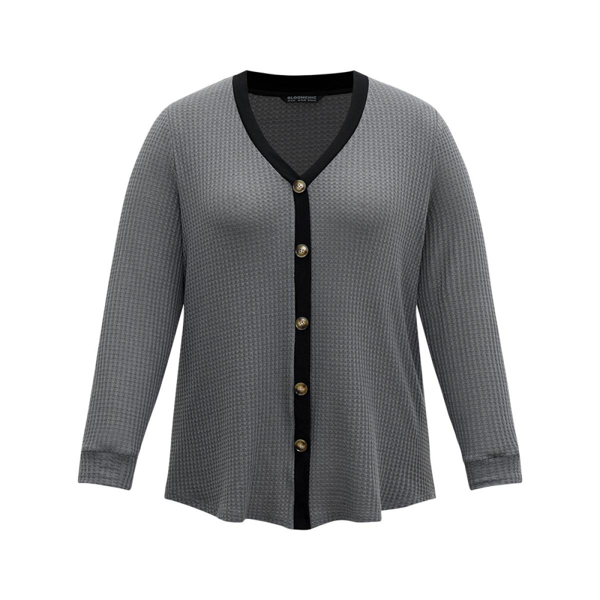 Plus Size Waffle Knit Button Detail Contrast Trim T-shirt Gray Women Casual Waffle Knit Plain Open Front Dailywear T-shirts BloomChic 10/M Product Image