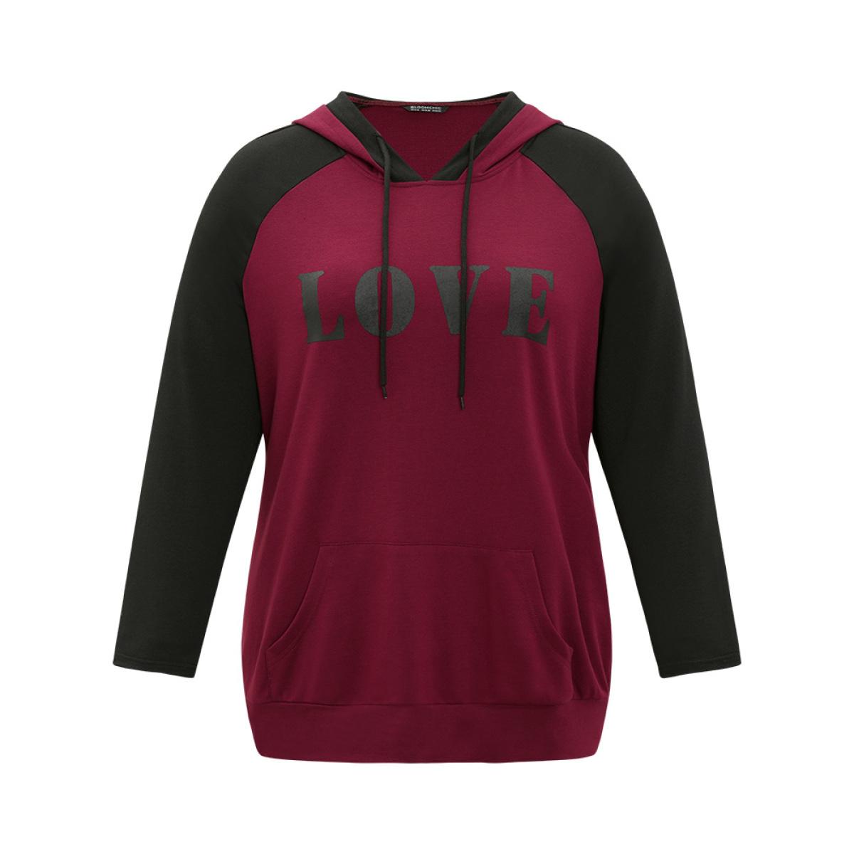 Plus Size Letter Print Contrast Hooded Pocket Drawstring Sweatshirt Women Multicolor Casual Elastic cuffs Dailywear Sweatshirts BloomChic 30/6X Product Image