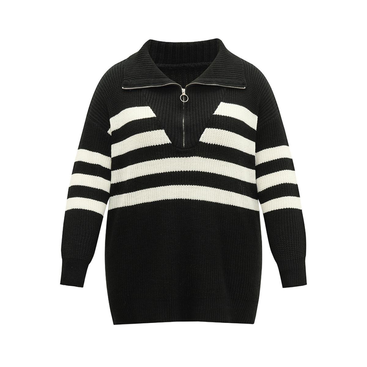 Plus Size Striped Zipper Lapel Collar Drop Shoulder Pullover Black Women Casual Loose Long Sleeve Lapel Collar Dailywear Pullovers BloomChic 14-16/1X Product Image