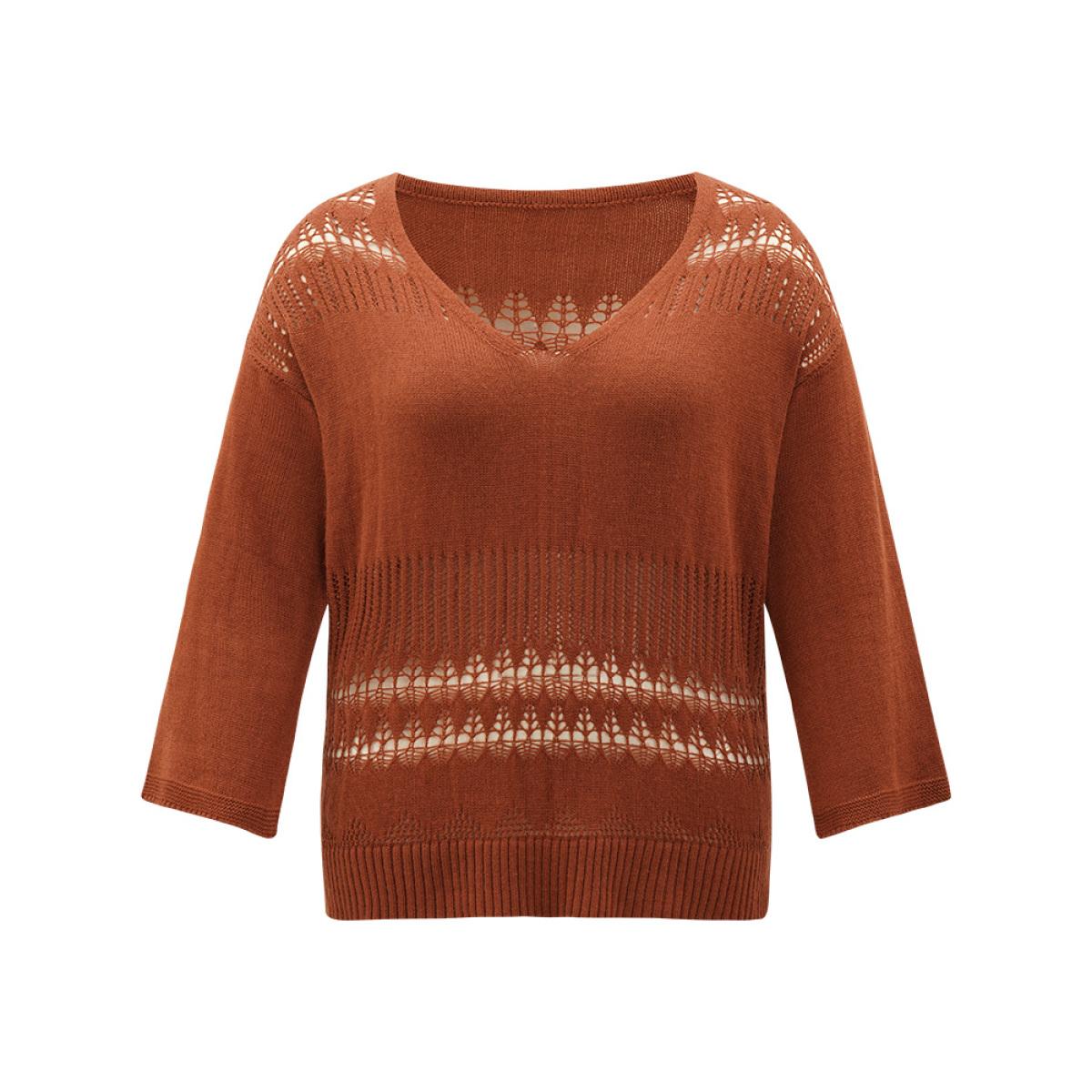 Plus Size Solid Hollow Out Split V Neck Pullover Chocolate Women Casual Loose Long Sleeve V-neck Everyday Pullovers BloomChic 10/M Product Image