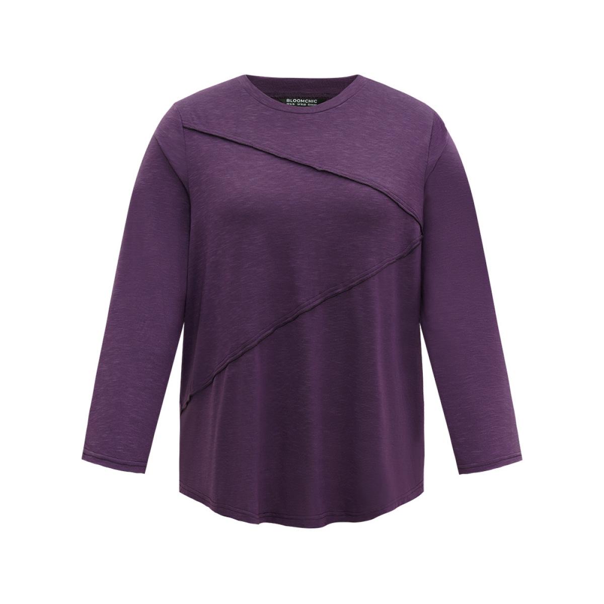 Plus Size Solid Pleated Round Neck T-shirt Purple Women Casual Plain Plain Round Neck Dailywear T-shirts BloomChic 10/M Product Image