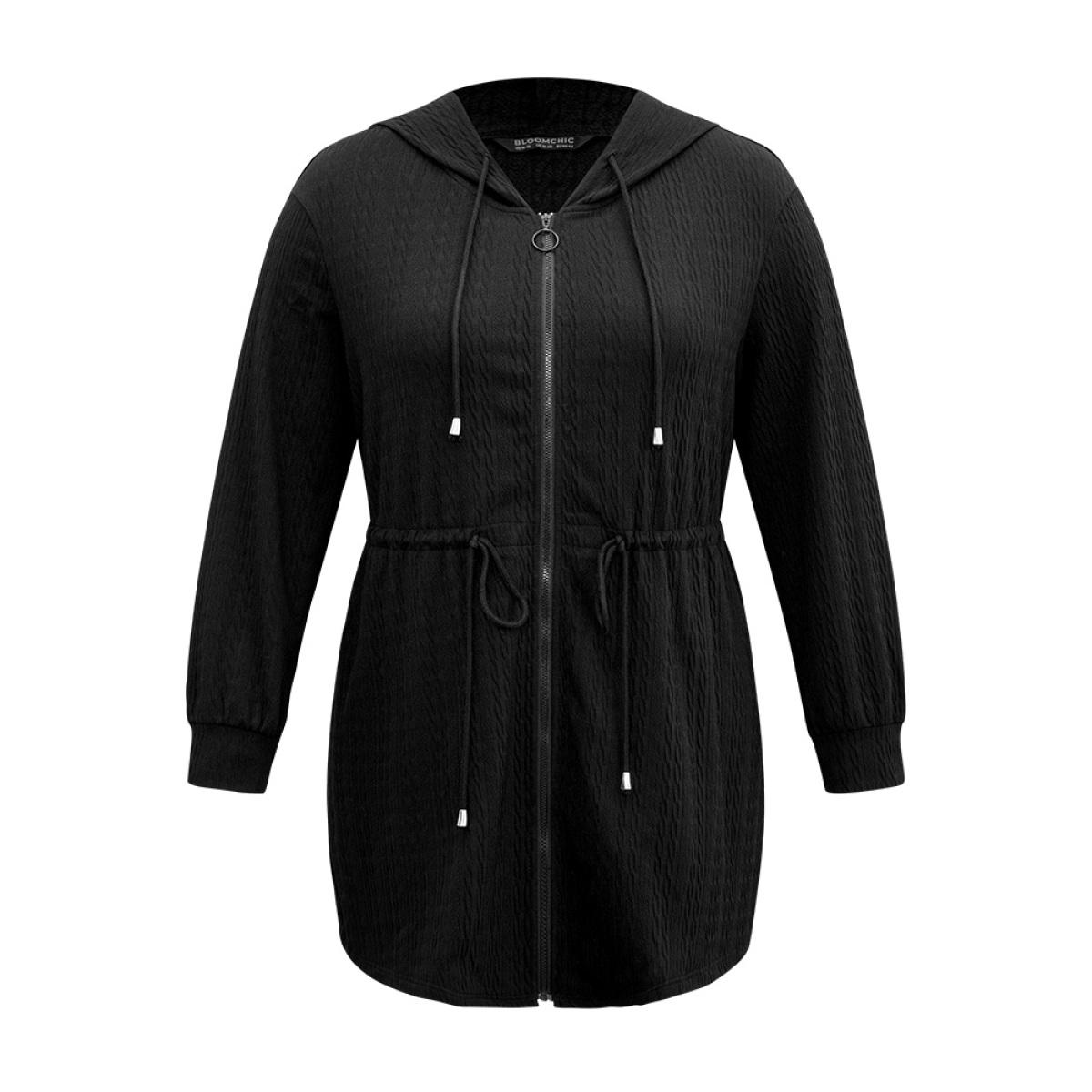 Plus Size Plain Zipper Elastic Waist Drawstring Coat Women Black Casual Plain Ladies Dailywear Winter Coats BloomChic 30/6X Product Image