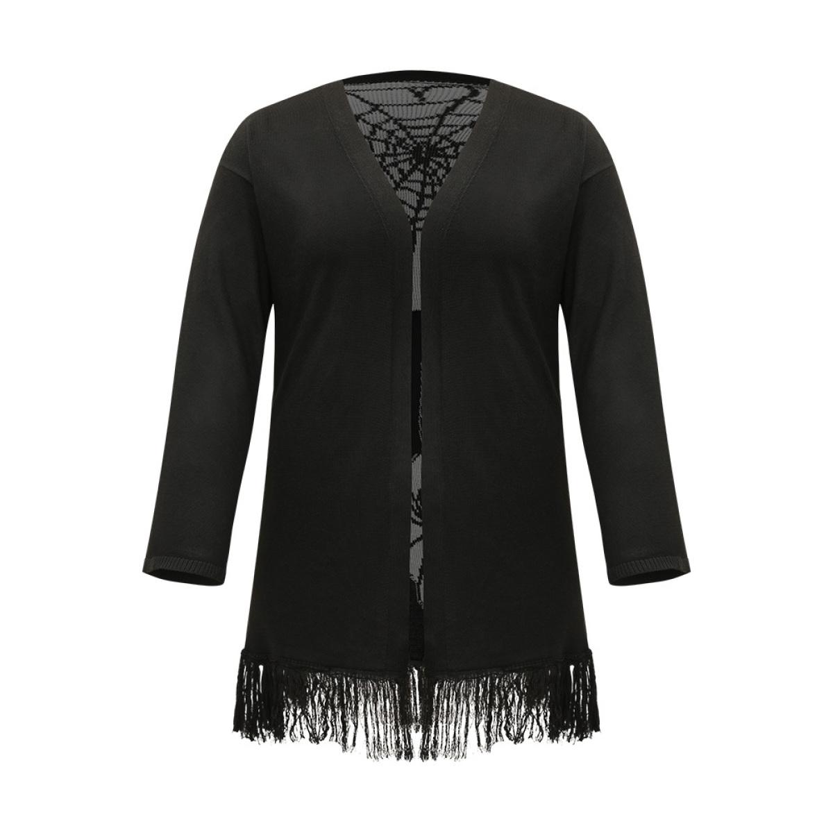 Plus Size Halloween Spider Print Tassel Trim Open Front Cardigan Black Women Casual Long Sleeve Festival-Halloween Cardigans BloomChic 14-16/1X Product Image