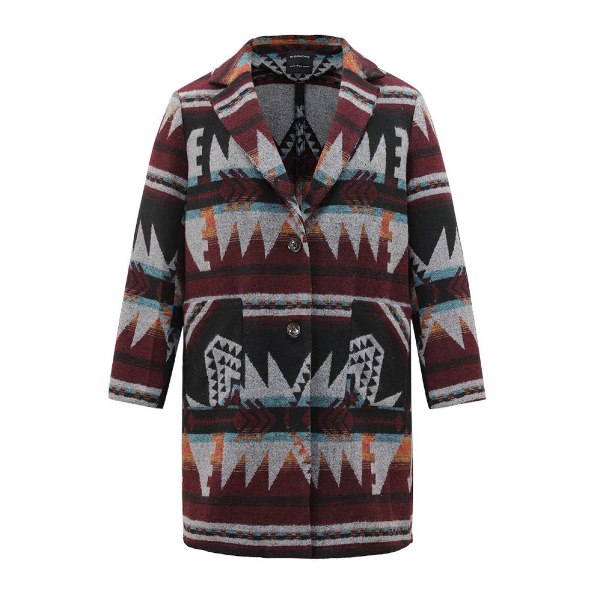 Plus Size Geometric Button Up Lapel Collar Coat Women DarkBrown Casual Printed Ladies Dailywear Winter Coats BloomChic 10/M Product Image