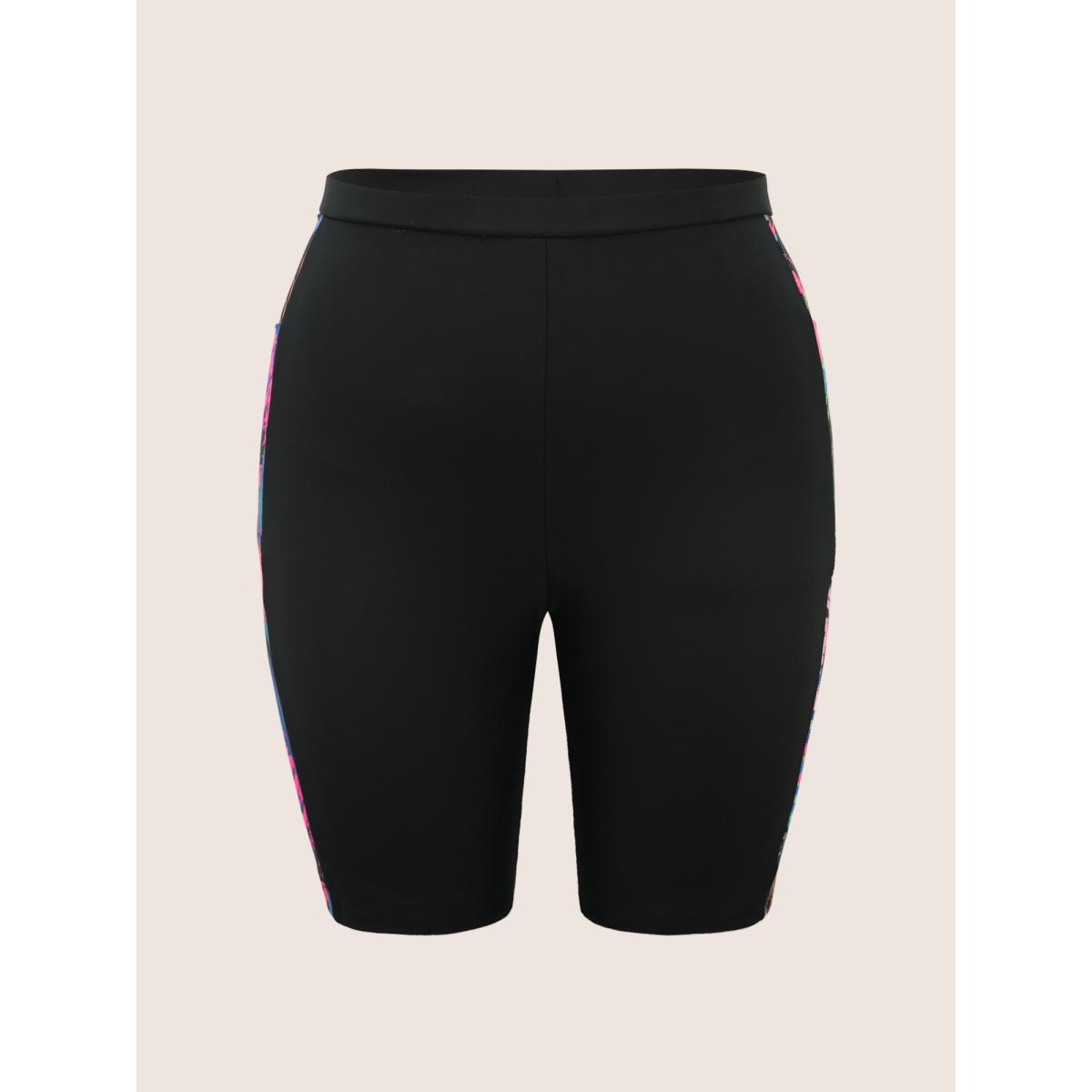 Plus Size Tropical Print Patchwork Pocket Swim Bottom Women's Swimwear Black Beach Patchwork High stretch Skinny High Rise Curve Swim Bottoms BloomChic 10/M Product Image