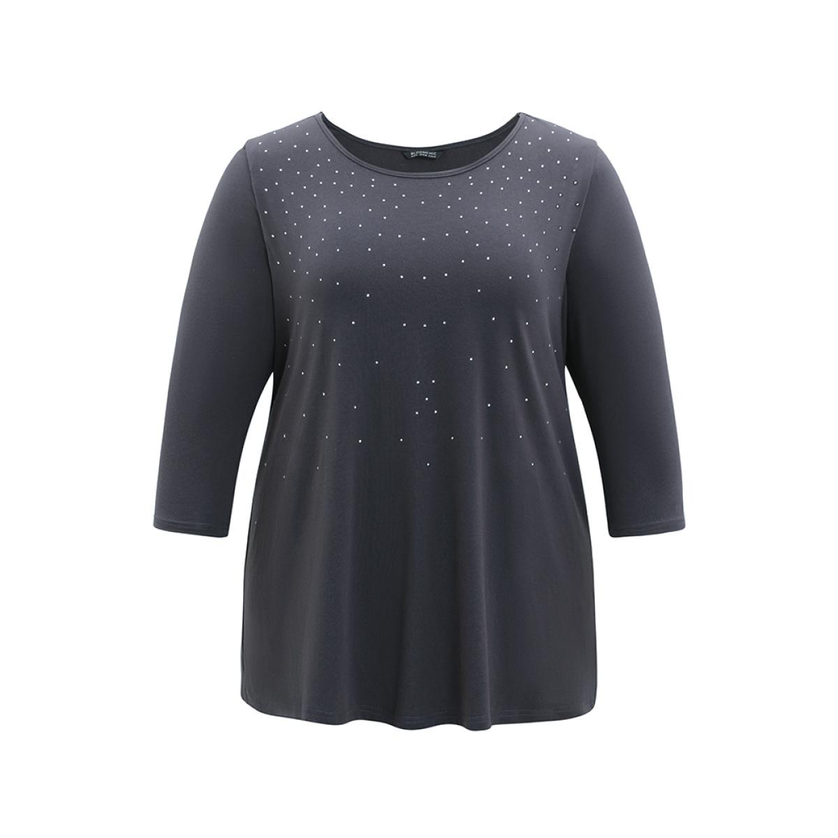 Plus Size Solid Rhinestone Detail Crew Neck T-shirt Indigo Women Elegant Plain Round Neck Dailywear T-shirts BloomChic 22-24/3X Product Image
