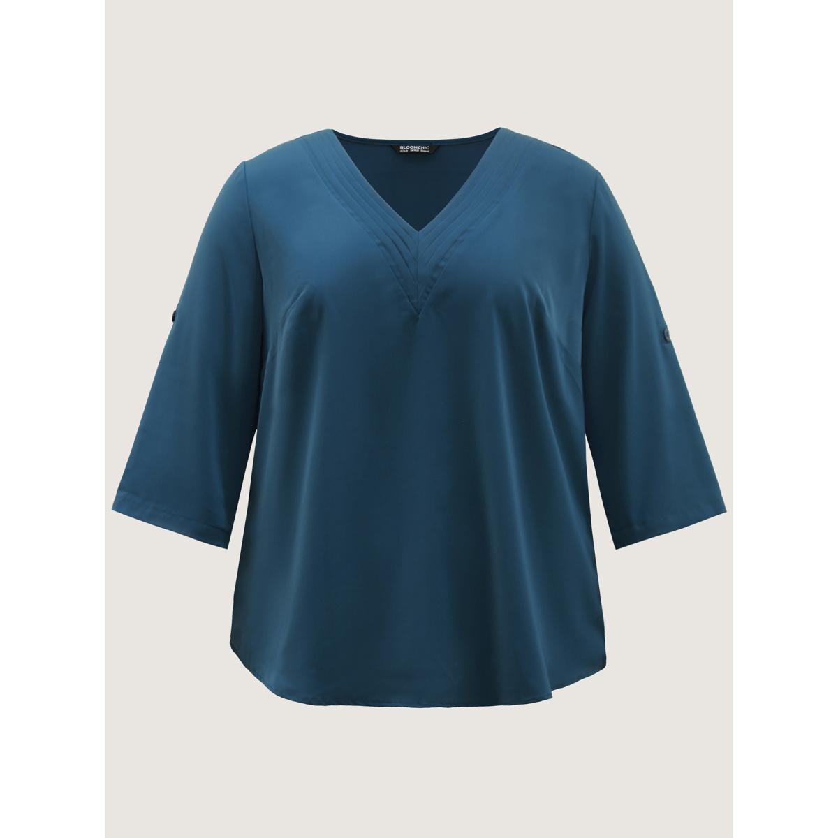 Plus Size Cyan V Neck Plain Pleated Tab Sleeve Blouse Women Office Elbow-length sleeve V-neck Office Blouses BloomChic 12/L Product Image