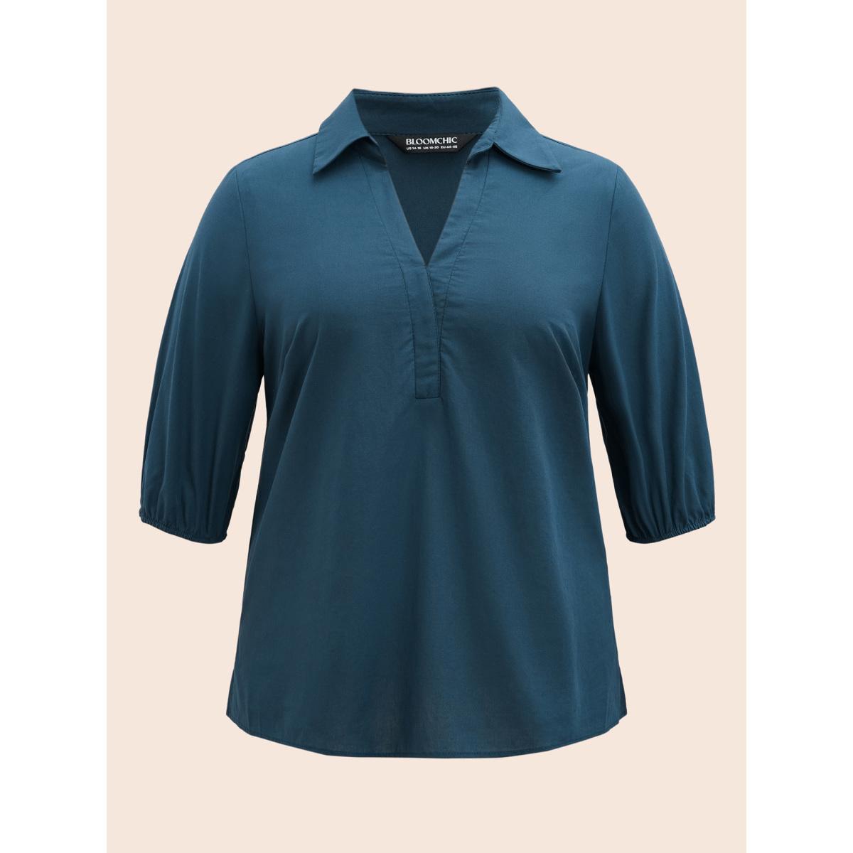 Plus Size Aegean Cotton Shirt Collar Lantern Sleeve Blouse Women Work From Home Elbow-length sleeve Shirt collar Work Blouses BloomChic 26/4X Product Image