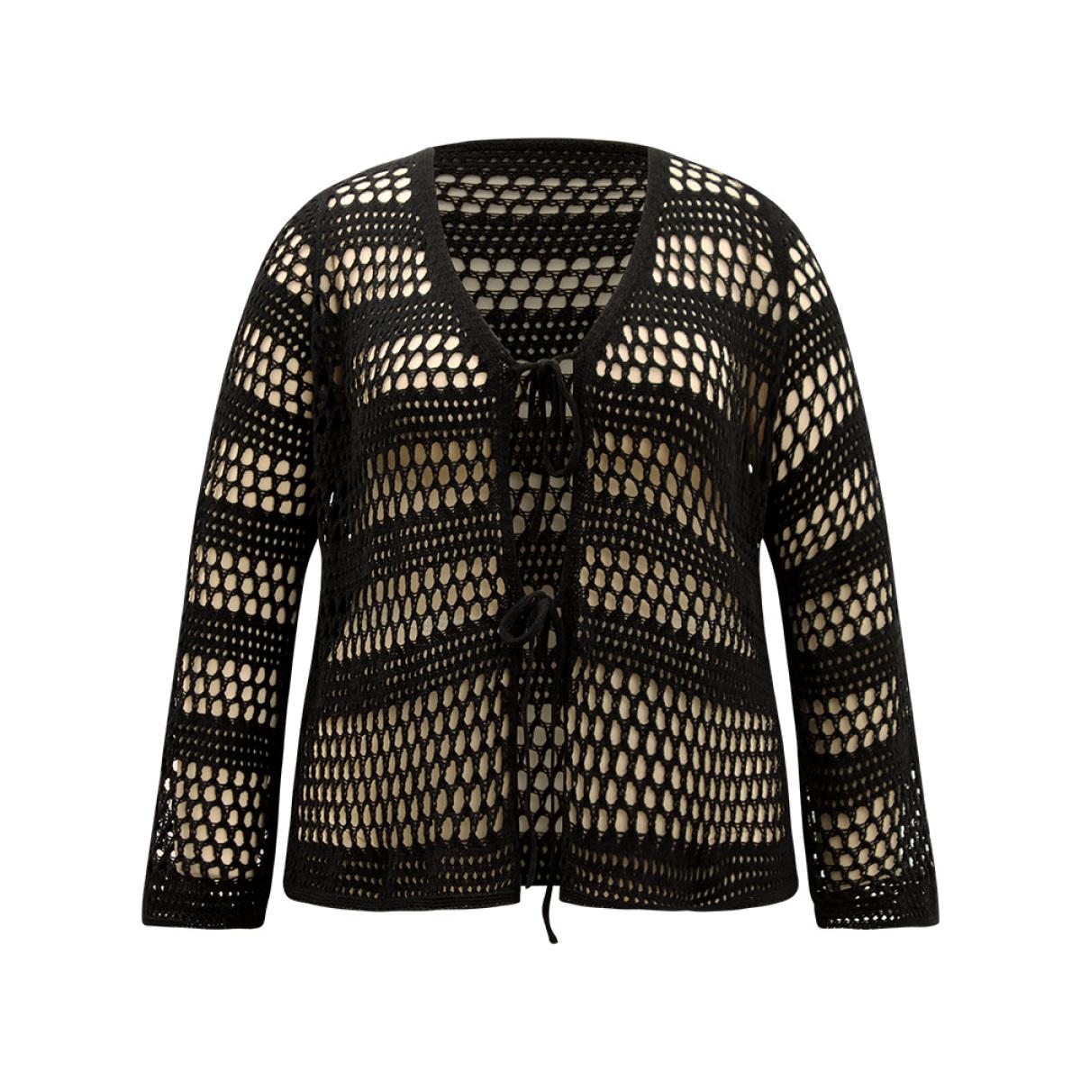 Plus Size Halloween Plain Hollow Out Ties Open Front Cardigan Black Women Casual Loose Long Sleeve Festival-Halloween Cardigans BloomChic 22-24/3X Product Image