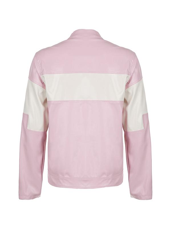 Striped Contrast Color Splice Leather Jacket Product Image