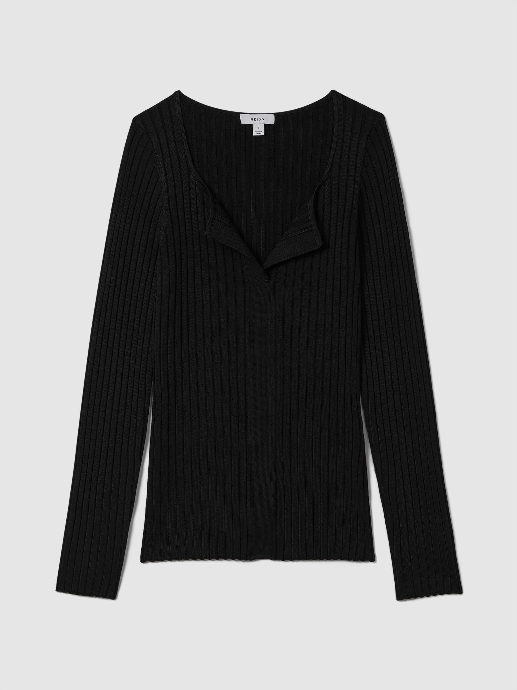 Ribbed Open Collar Top in Black Product Image