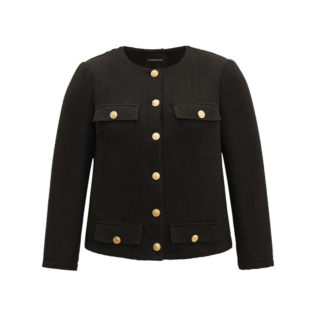 Plus Size Plain Tweed Texture Buckle Detail Blazer Women Black Texture Office Jackets BloomChic 10/M Product Image