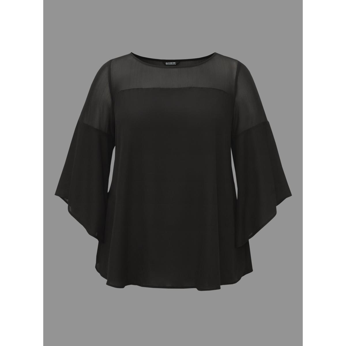 Plus Size Black Crew Neck Mesh Patchwork Bell Sleeve Blouse Women Elegant Elbow-length sleeve Round Neck Everyday Blouses BloomChic 14-16/1X Product Image