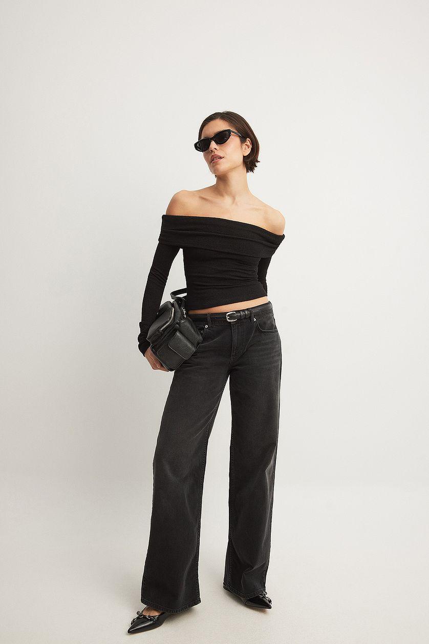 Off Shoulder Jersey Top Black Product Image