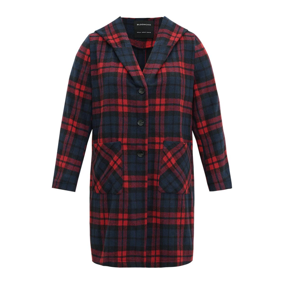 Plus Size Plaid Button Through Pocket Hooded Coat Women Indigo Casual Contrast Ladies Everyday Winter Coats BloomChic 26/4X Product Image