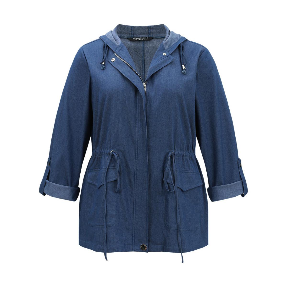Plus Size Solid Drawstring Knot Zipper Windbreaker Women Indigo Plain Pocket Everyday Jackets BloomChic 12/L Product Image