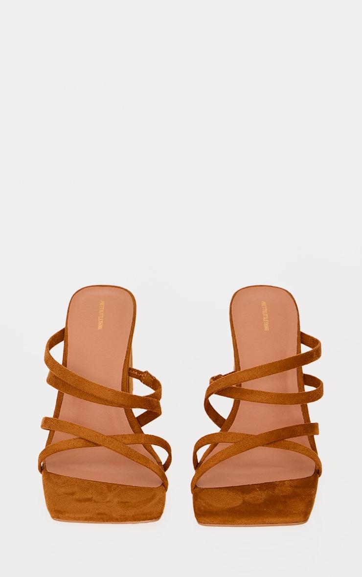Tan Faux Suede Square Toe Strappy Block Heel Mules Product Image