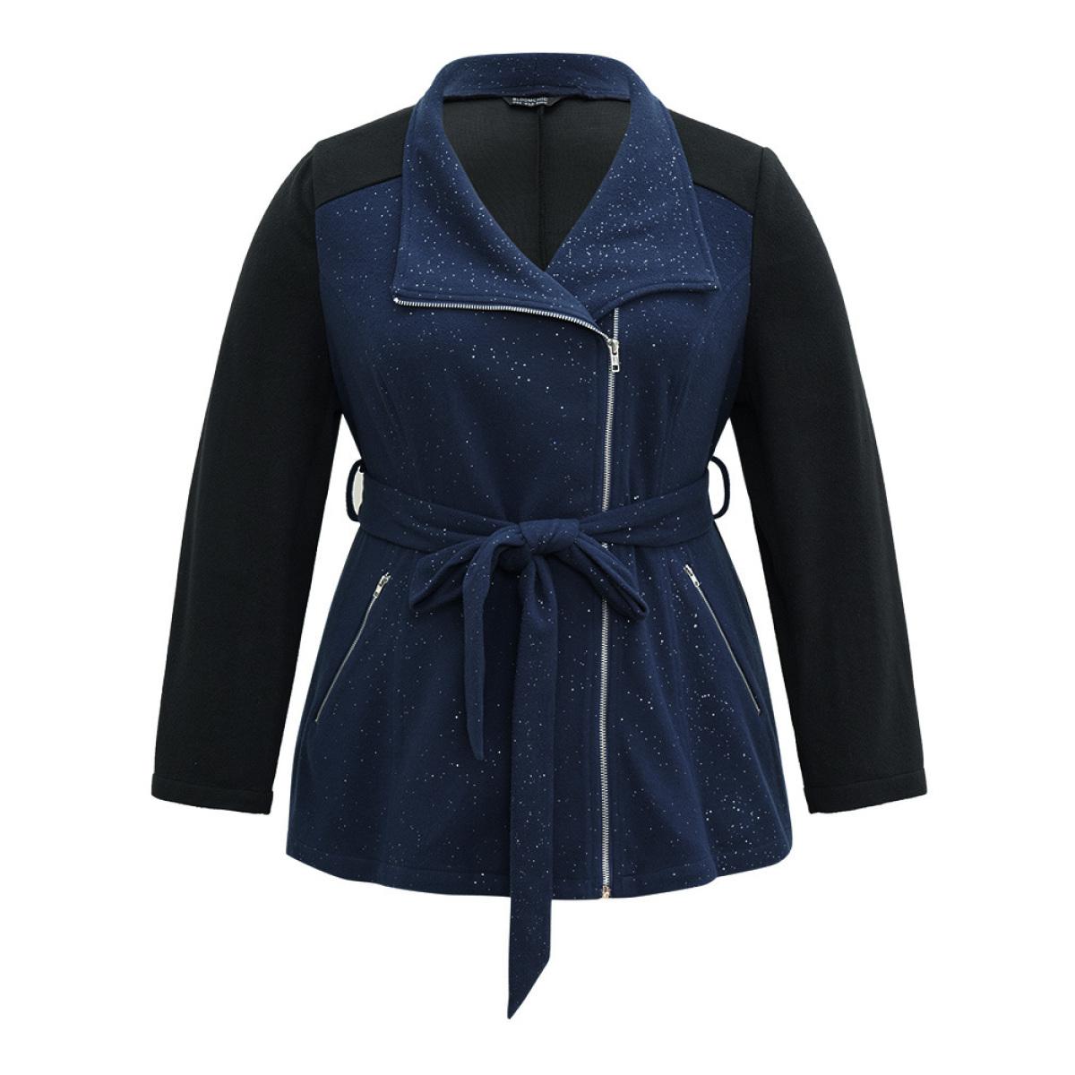 Plus Size Contrast Glitter Belted Patchwork Zipper Coat Women Indigo Casual Belted Ladies Dailywear Winter Coats BloomChic 22-24/3X Product Image