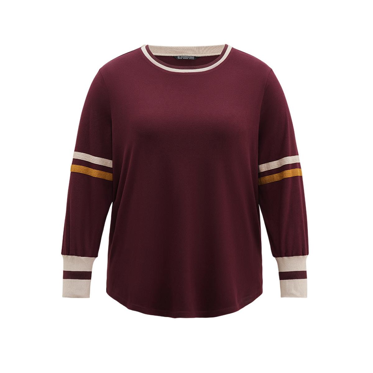 Plus Size Striped Contrast Round Neck Rib Knit Sweatshirt Women Burgundy Casual Contrast Round Neck Everyday Sweatshirts BloomChic 30/6X Product Image