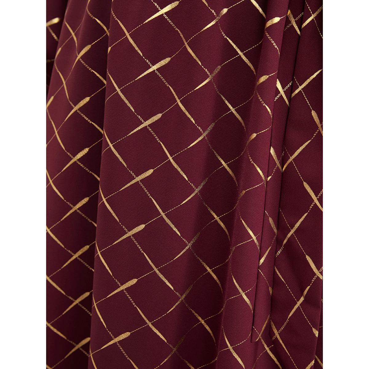 Plus Size Geometric Lantern Sleeve Pocket Keyhole Round Neck Belted Dress Scarlet Women Party Elastic Waist Round Neck Long Sleeve Curvy Midi Dress BloomChic 10/M Product Image