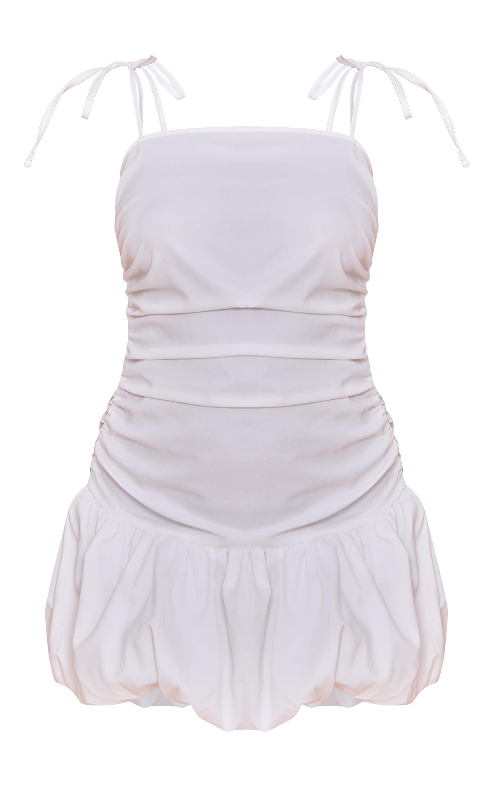 White Ruched Detail Strappy Puffball Dress Product Image