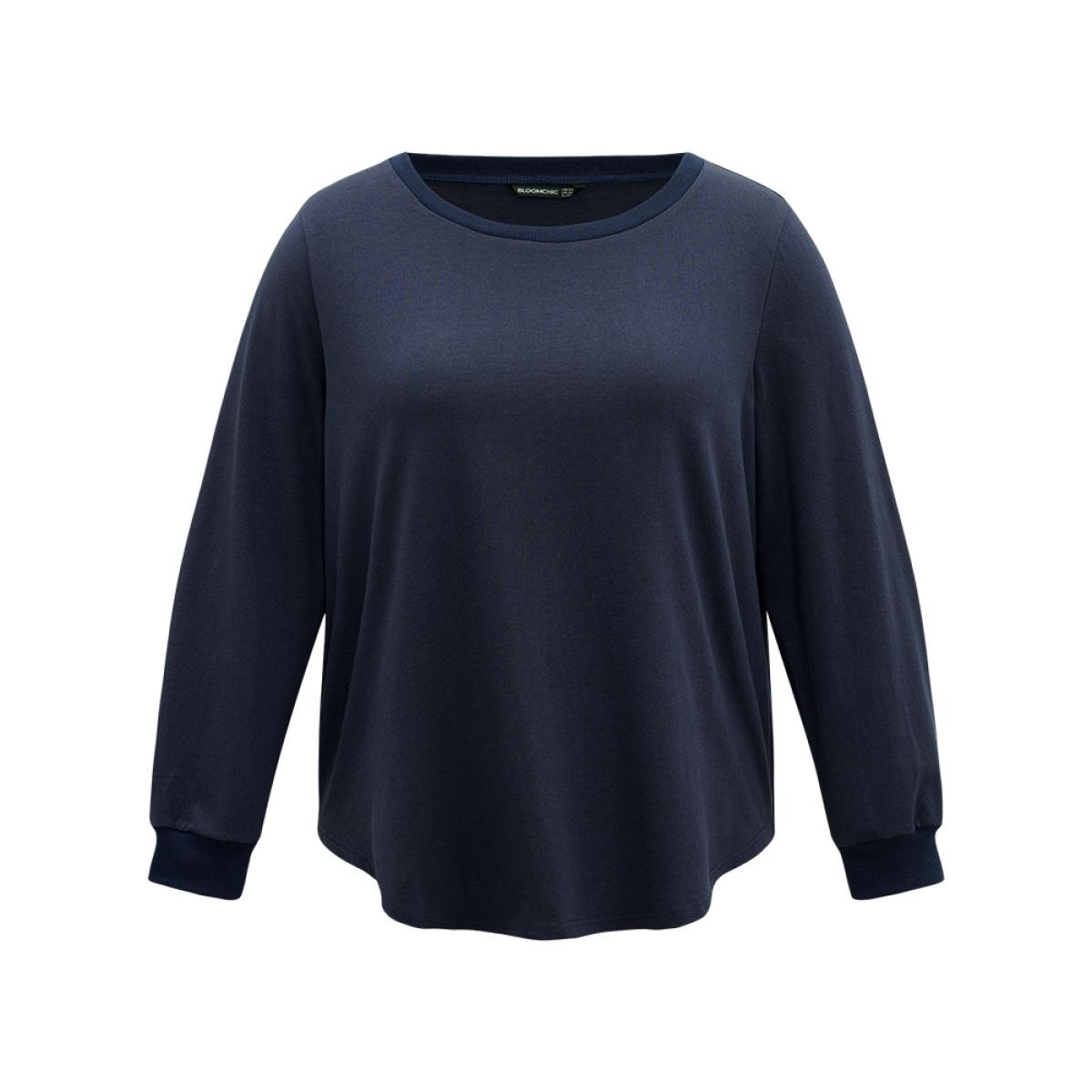 Plus Size Cotton Curved Hem Elastic Cuffs Sweatshirt Women Indigo Casual Elastic cuffs Round Neck Dailywear Sweatshirts BloomChic 22-24/3X Product Image