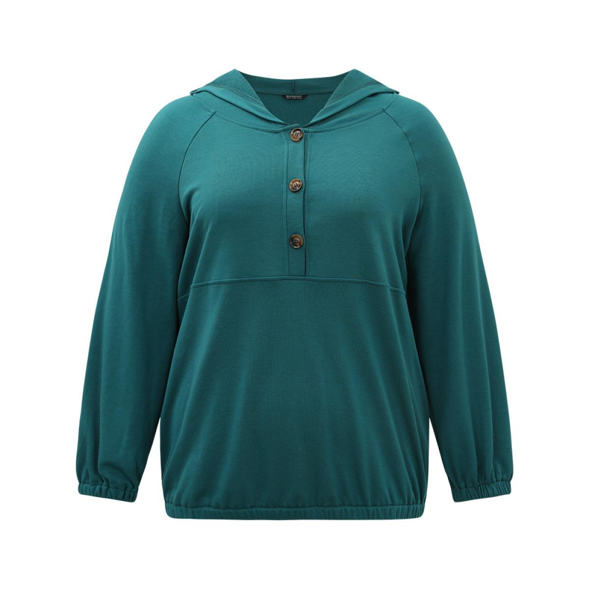 Plus Size Plain Button Up Pocket Hooded Raglan Sleeve Sweatshirt Women Cyan Casual Elastic cuffs Hooded Dailywear Sweatshirts BloomChic 10/M Product Image