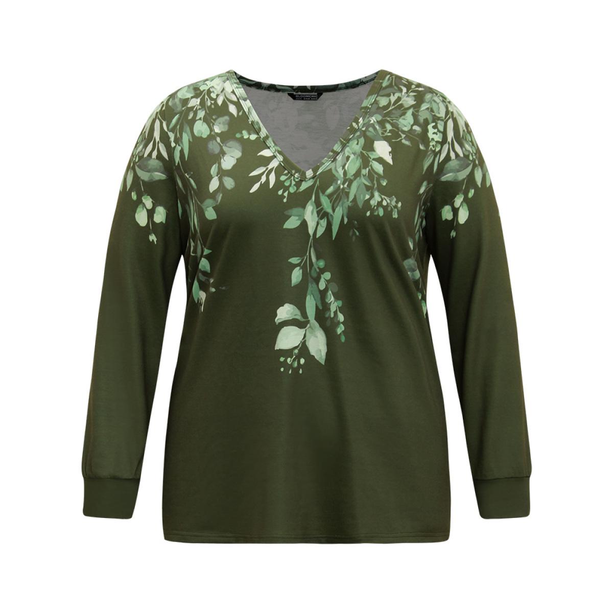 Plus Size Plants Print V Neck Elastic Cuffs Sweatshirt Women Mint Elegant Printed V-neck Dailywear Sweatshirts BloomChic 18-20/2X Product Image