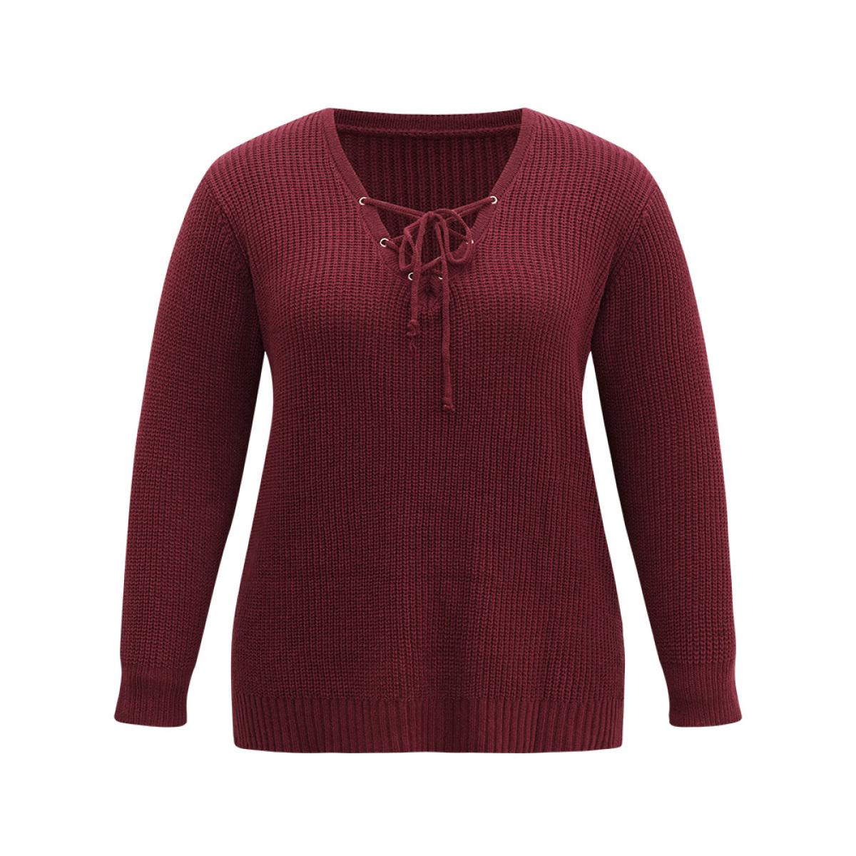 Plus Size High Low Hem Lace Up Split Side Pullover Scarlet Women Casual Loose Long Sleeve V-neck Dailywear Pullovers BloomChic 22-24/3X Product Image