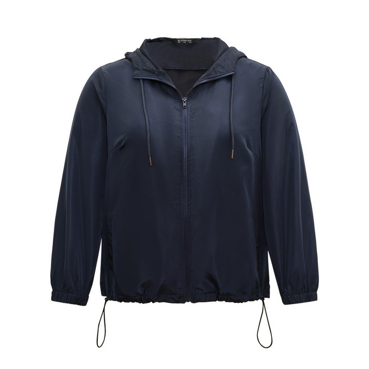 Plus Size Solid Drawstring Zipper Hooded Jacket Women Indigo Elastic cuffs Pocket Dailywear Jackets BloomChic 10/M Product Image