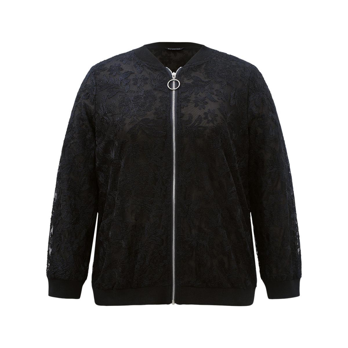 Plus Size Lace Patchwork O Ring Zipper Elastic Cuffs Jacket Women Black Elastic cuffs Everyday Jackets BloomChic 10/M Product Image