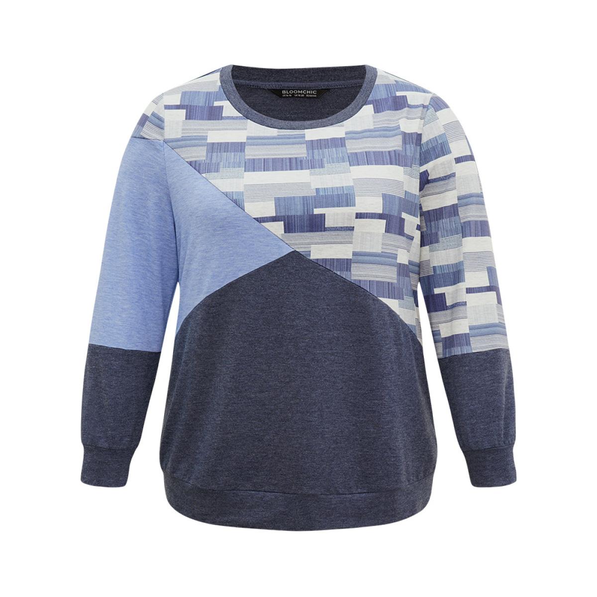 Plus Size Geometric Colorblock Contrast Crew Neck Sweatshirt Women Indigo Casual Contrast Round Neck Dailywear Sweatshirts BloomChic 14-16/1X Product Image