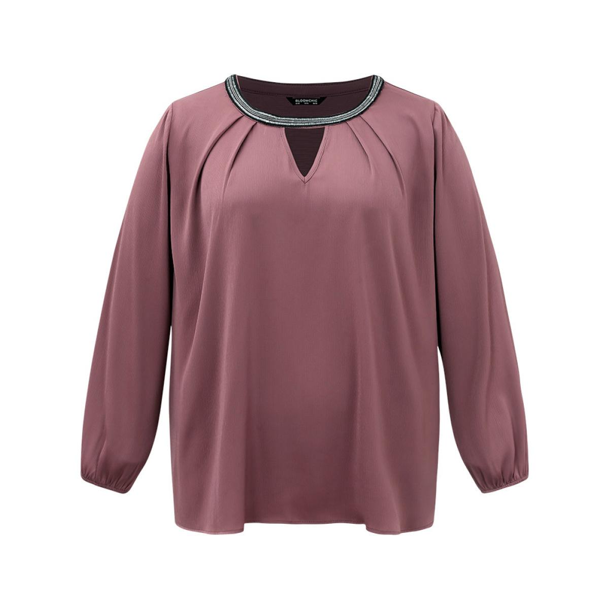 Plus Size DustyPink Static-Free Keyhole Pleated Contrast Webbing Blouse Women Office Long Sleeve Keyhole Cut-Out Office Blouses BloomChic 28/5X Product Image